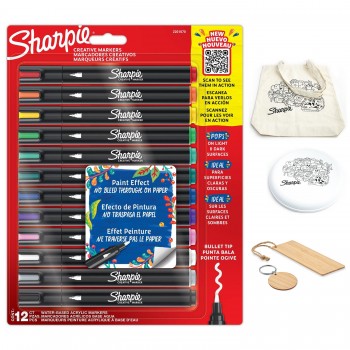 „Sharpie“ akriliniai žymekliai, 12 spalvų + priedai: knygų žymeklis, maišelis, raktų pakabukas