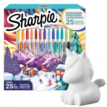 Sharpie smulkūs mišrių spalvų permanentiniai žymekliai 25 vnt. SPECIALUS ŠVENTINIS EDICIONAS 2025 + Pinigų dėžutė Vienaragis