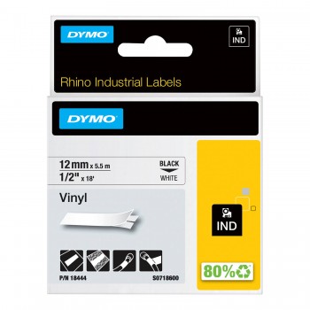 DYMO 18444 RHINO Vinilinė Juostelė 12mm x 5,5m (balta / juodas šifras)