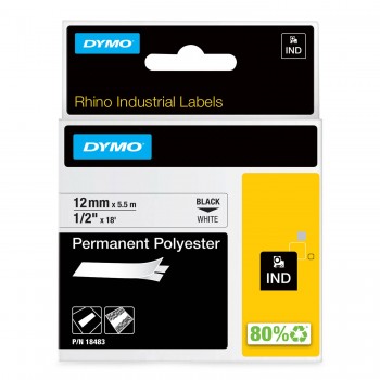 DYMO 18483 RHINO Poliesterio Juostelė 12mm x 5,5m (balta / juodas šifras)