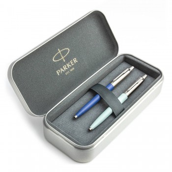 Parker Jotter Originals Blue un Pastel Blue Lodīšu pildspalvu dāvanu komplekts ar metāla korpusu