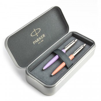 Parker Jotter Originals Lilac ir Powder Pink dovanų rinkinys su metaliniu dėklu