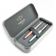 Parker Jotter Originals Powder Pink ir Pastel Blue tušinukų dovanų rinkinys su metaliniu dėklu