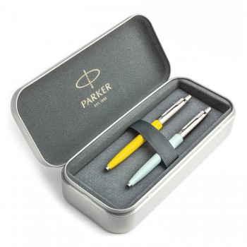 Parker Jotter Originals Yellow un Pastel Blue Lodīšu pildspalvu dāvanu komplekts ar metāla korpusu