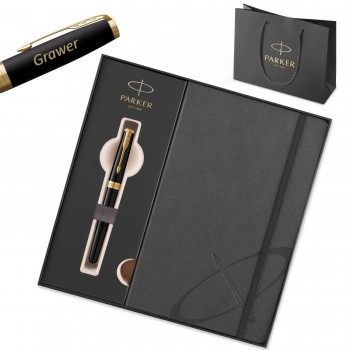 Dovanų rinkinys: „Parker Sonnet Black Lacquer GT“ (M) plunksnakotis su graviravimu / užrašų knygelė ir rankinė