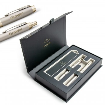 Parker IM Monochrome Champagne - plunksnakotis (F) + tušinukas su graviravimu elegantiškoje dėžutėje